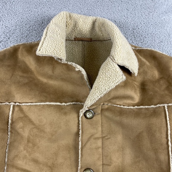 Marlboro Man Coat Mens Large Tan Sherpa Lined Modern NEXT Faux Suede 70s Cowboy - Picture 2 of 12